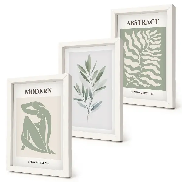 Triptyk med ram tavla med Matisse-inspirerad akvarell av botaniska växter i boho-stil