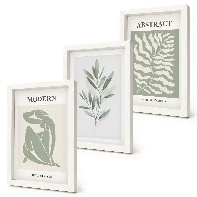 Triptyk med ram tavla med Matisse-inspirerad akvarell av botaniska växter i boho-stil