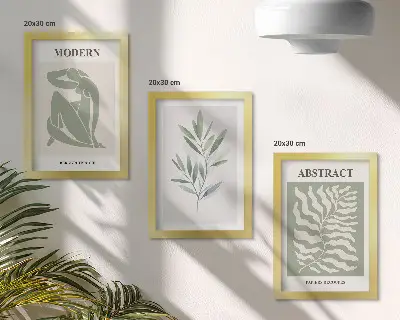 Triptyk med ram tavla med Matisse-inspirerad akvarell av botaniska växter i boho-stil