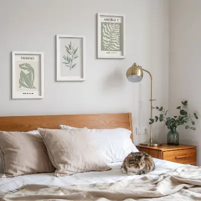 Triptyk med ram tavla med Matisse-inspirerad akvarell av botaniska växter i boho-stil