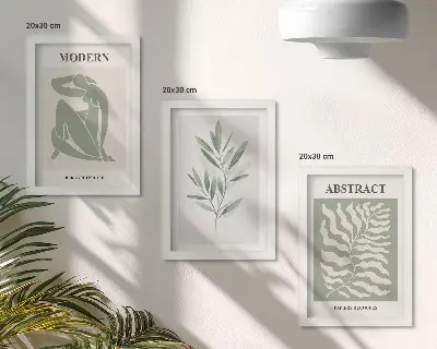 Triptyk med ram tavla med Matisse-inspirerad akvarell av botaniska växter i boho-stil