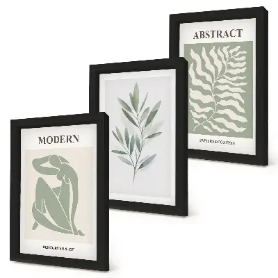 Triptyk med ram tavla med Matisse-inspirerad akvarell av botaniska växter i boho-stil