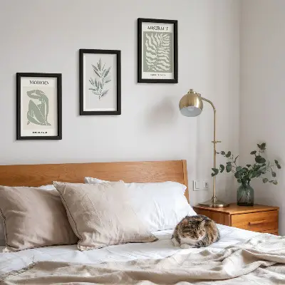 Triptyk med ram tavla med Matisse-inspirerad akvarell av botaniska växter i boho-stil