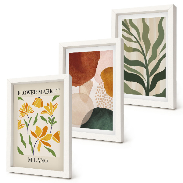 Tavelvägg med 3 tavlor Blommotiv med abstrakta former och löv