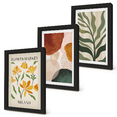 Tavelvägg med 3 tavlor Blommotiv med abstrakta former och löv
