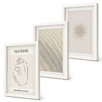 Tavelvägg med 3 tavlor minimalistiska linjer med motiv av sand, vågor och sol
