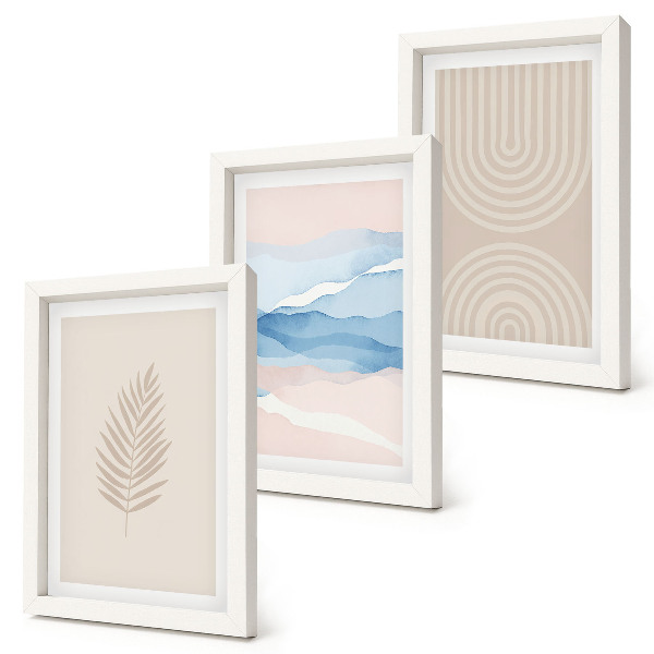 Triptyk tavla med ram Löv och vågor i nyanser av beige och blått