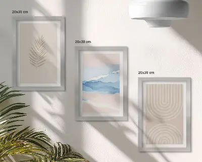 Triptyk med ram motiv med löv och vågor i nyanser av beige och blått