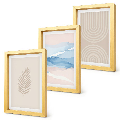 Triptyk tavla med ram Löv och vågor i nyanser av beige och blått