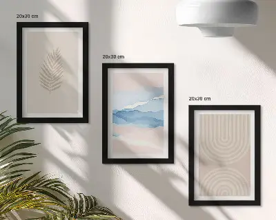 Triptyk med ram motiv med löv och vågor i nyanser av beige och blått