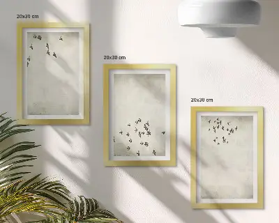 Tavelvägg med 3 tavlor minimalistisk målning av flygande fåglar