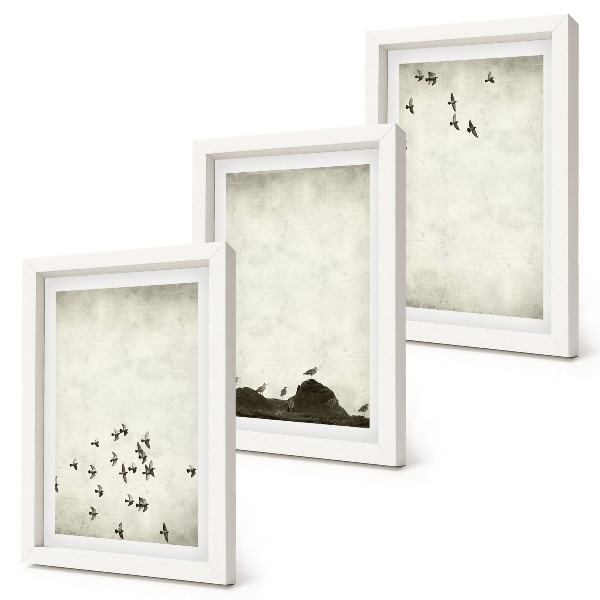 Triptyk tavla med ram Fåglar i flykt målade minimalistisk stil