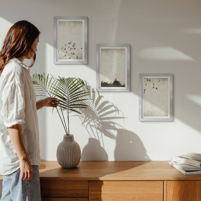 Triptyk tavla med ram Fåglar i flykt målade minimalistisk stil