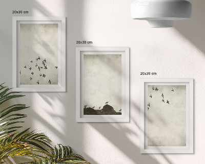 Triptyk tavla med ram Fåglar i flykt målade minimalistisk stil