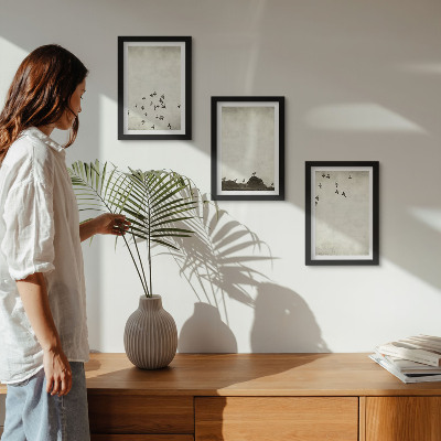 Triptyk tavla med ram Fåglar i flykt målade minimalistisk stil