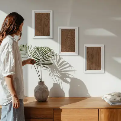 Triptyk med ram trämönstrad tavla med textur av trädbark i minimalistisk stil