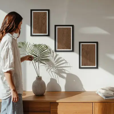 Triptyk med ram trämönstrad tavla med textur av trädbark i minimalistisk stil
