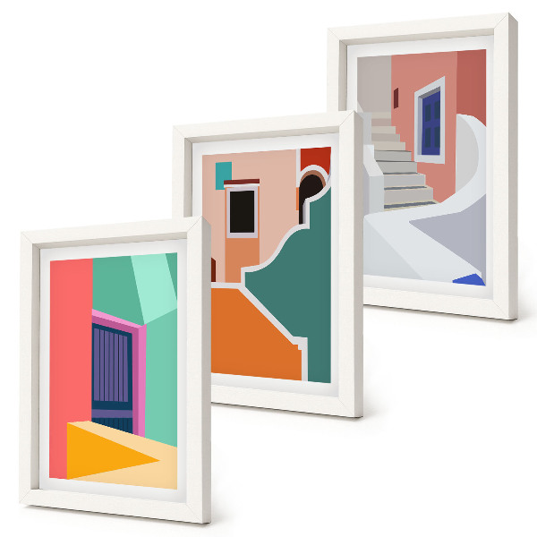 Tavelvägg med 3 tavlor Färgglada illustrationer av byggnader i modern stil