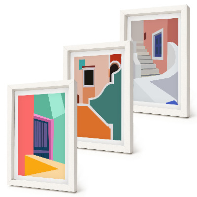 Tavelvägg med 3 tavlor Färgglada illustrationer av byggnader i modern stil