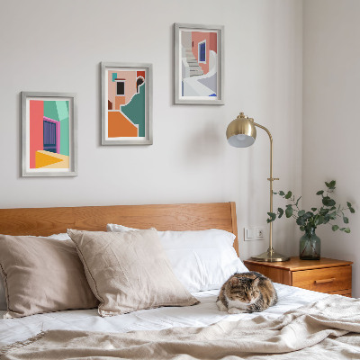Tavelvägg med 3 tavlor Färgglada illustrationer av byggnader i modern stil