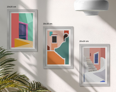 Tavelvägg med 3 tavlor Färgglada illustrationer av byggnader i modern stil