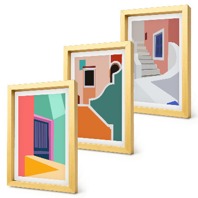 Tavelvägg med 3 tavlor Färgglada illustrationer av byggnader i modern stil