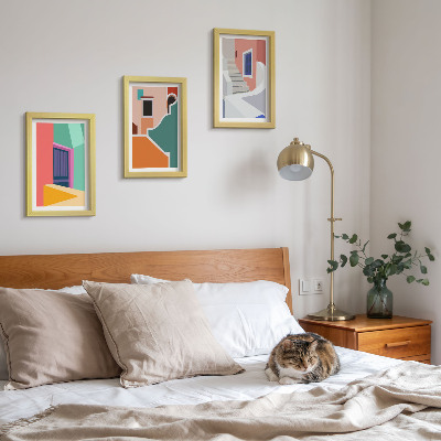 Tavelvägg med 3 tavlor Färgglada illustrationer av byggnader i modern stil