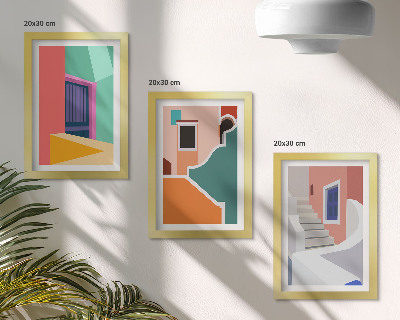 Tavelvägg med 3 tavlor Färgglada illustrationer av byggnader i modern stil