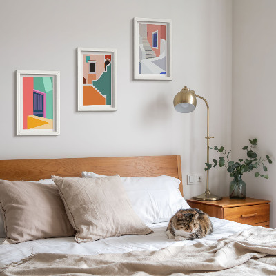 Tavelvägg med 3 tavlor Färgglada illustrationer av byggnader i modern stil