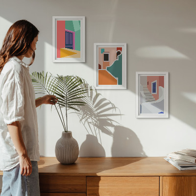 Tavelvägg med 3 tavlor Färgglada illustrationer av byggnader i modern stil