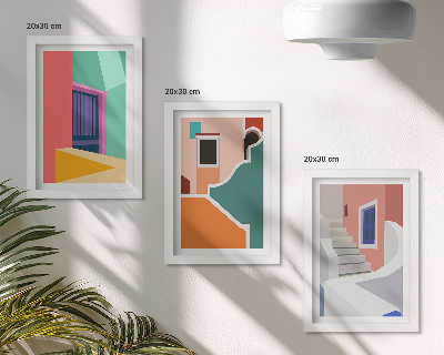 Tavelvägg med 3 tavlor Färgglada illustrationer av byggnader i modern stil