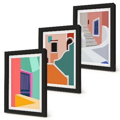 Tavelvägg med 3 tavlor Färgglada illustrationer av byggnader i modern stil