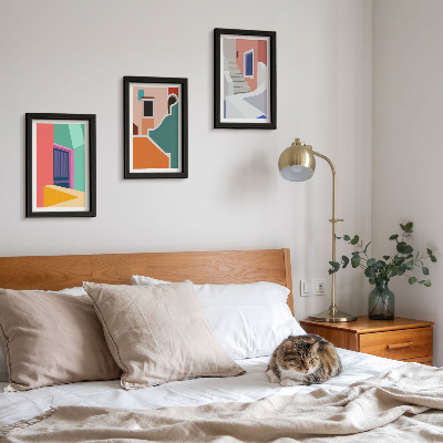 Tavelvägg med 3 tavlor Färgglada illustrationer av byggnader i modern stil
