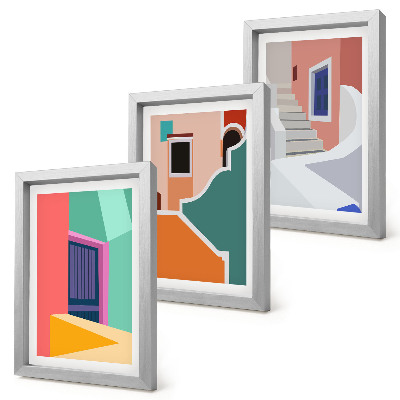 Tavelvägg med 3 tavlor Färgglada illustrationer av byggnader i modern stil