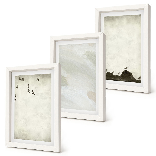 Triptyk tavla med ram Fåglar, stenar och minimalistiska dekorationer med penseldrag