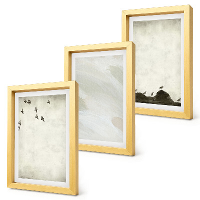Triptyk tavla med ram Fåglar, stenar och minimalistiska dekorationer med penseldrag