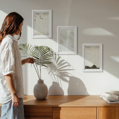 Triptyk tavla med ram Fåglar, stenar och minimalistiska dekorationer med penseldrag