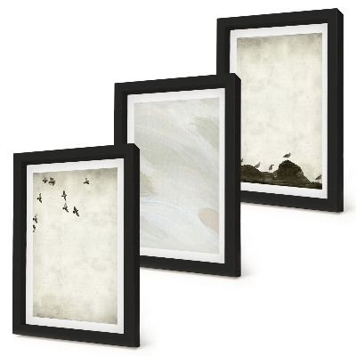 Triptyk tavla med ram Fåglar, stenar och minimalistiska dekorationer med penseldrag