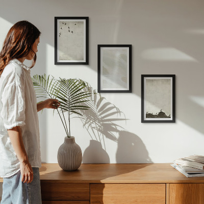 Triptyk tavla med ram Fåglar, stenar och minimalistiska dekorationer med penseldrag