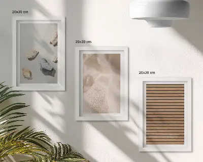 Triptyk med ram tavla med motiv av stenar, trä och tyg i olika texturer