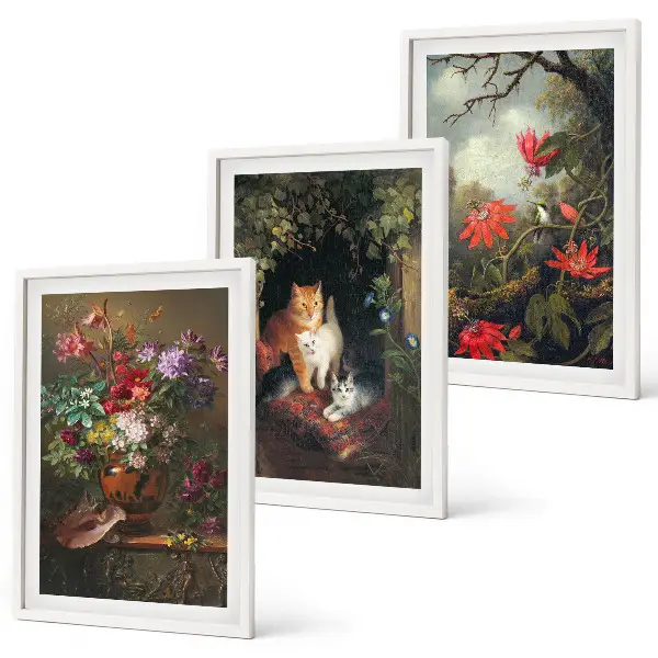 Set med 3 tavlor vintage motiv med blommor, katter och natur