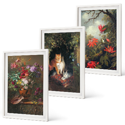 Set om 3 tavlor Vintage blommor katter natur