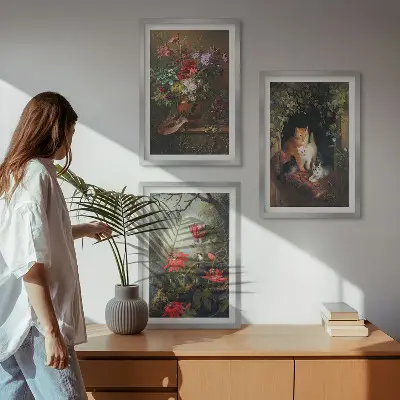 Set med 3 tavlor vintage motiv med blommor, katter och natur