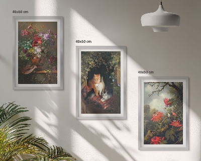 Set om 3 tavlor Vintage blommor katter natur
