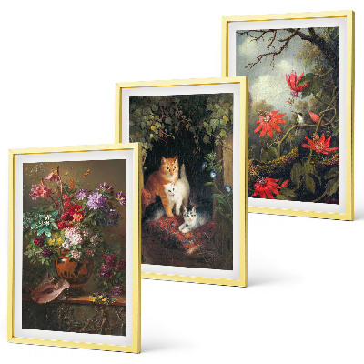 Set om 3 tavlor Vintage blommor katter natur
