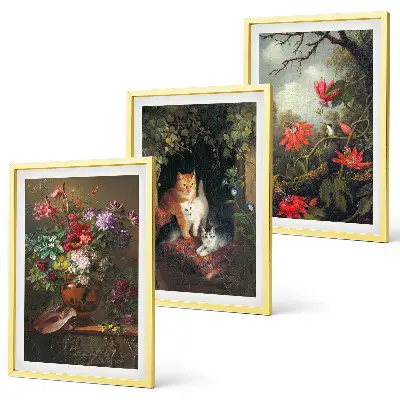 Set med 3 tavlor vintage motiv med blommor, katter och natur