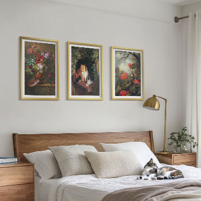 Set om 3 tavlor Vintage blommor katter natur