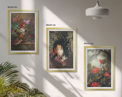Set om 3 tavlor Vintage blommor katter natur