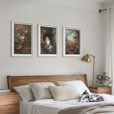 Set om 3 tavlor Vintage blommor katter natur