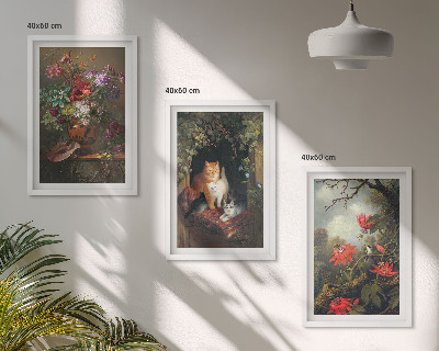 Set om 3 tavlor Vintage blommor katter natur
